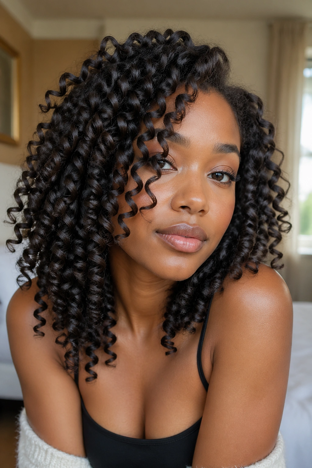 Close-up of a real woman with classic spiral wand curls