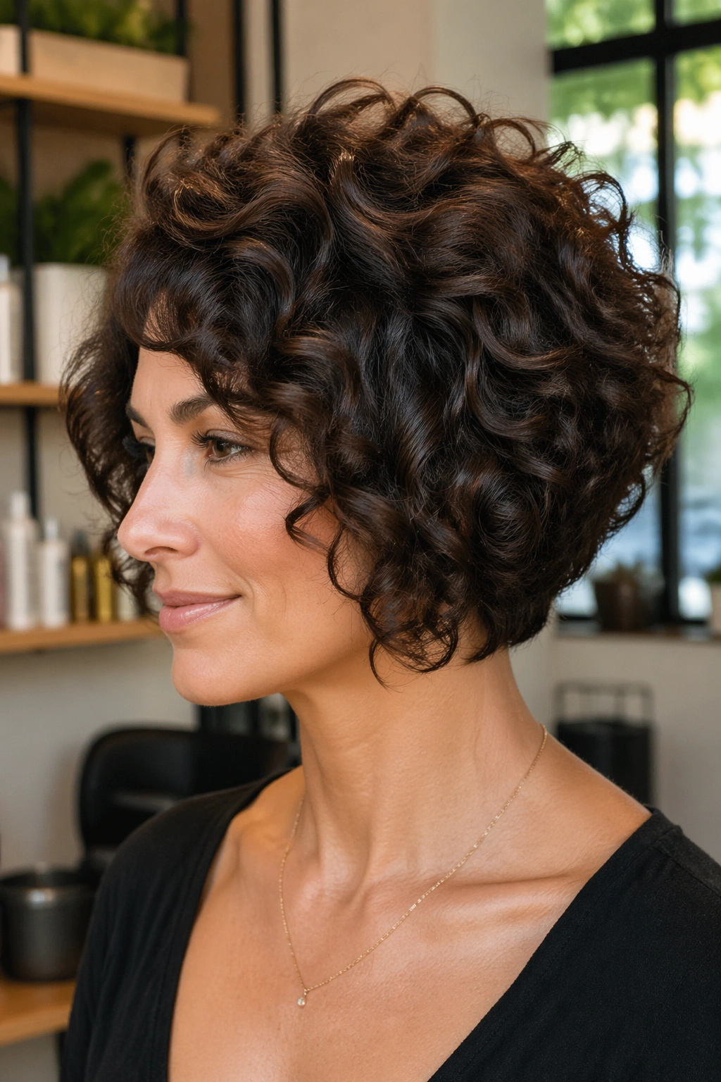 Close-up portrait of a real woman with classic stacked bob for curly hair in a cozy salon