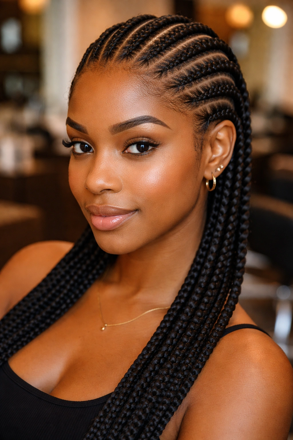 Close-up portrait of a real woman with classic straight-back cornrows