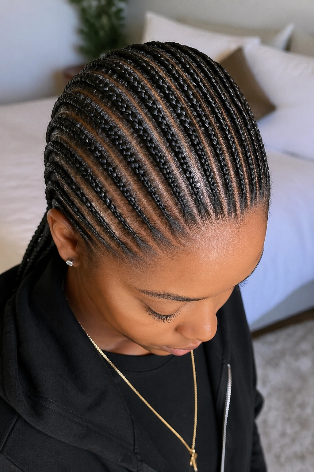 Portrait of a real person with dense straight-back cornrows from hairline to nape