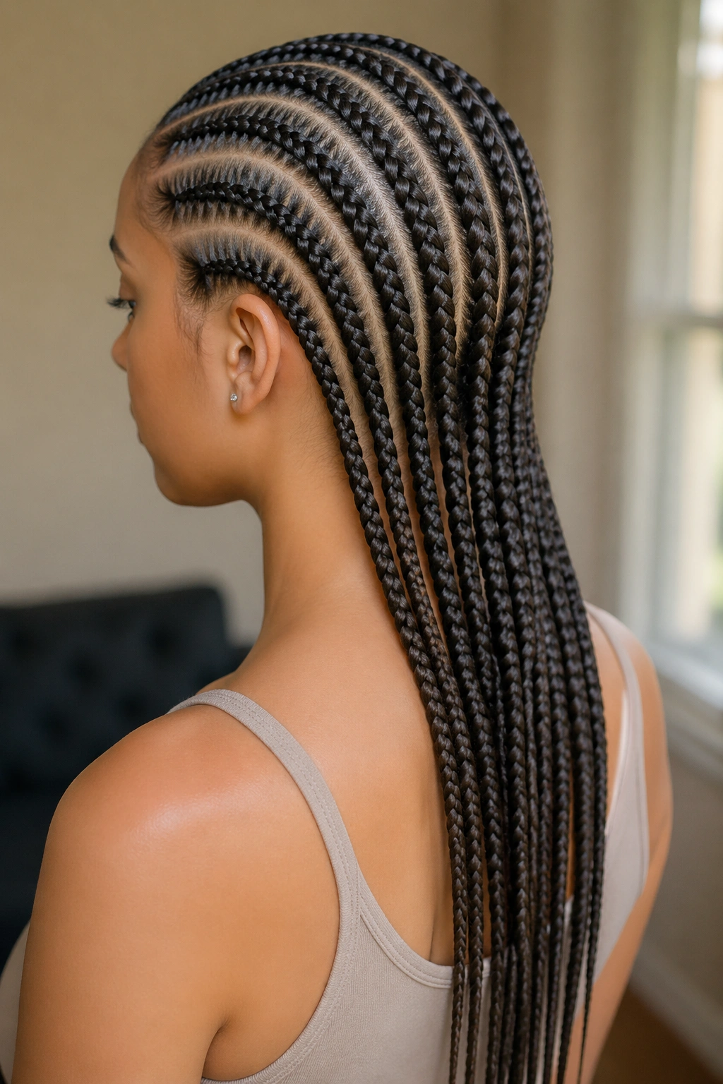 Real person with straight-back cornrows reaching lower back