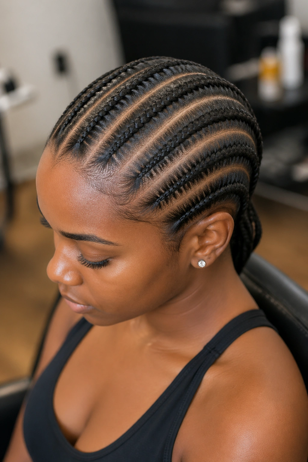 Close-up of real person with straight-back small-stitch cornrows from hairline to nape.