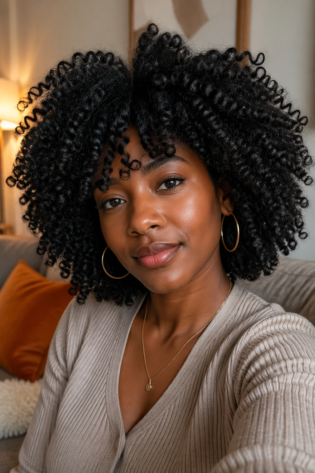 Real person wearing a classic twist-out with loose curls filling the frame