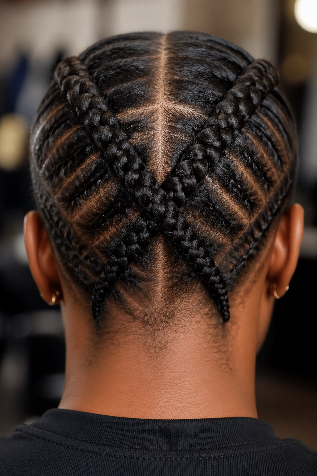 Back-of-head portrait showing two thick cornrows forming an X at the back.