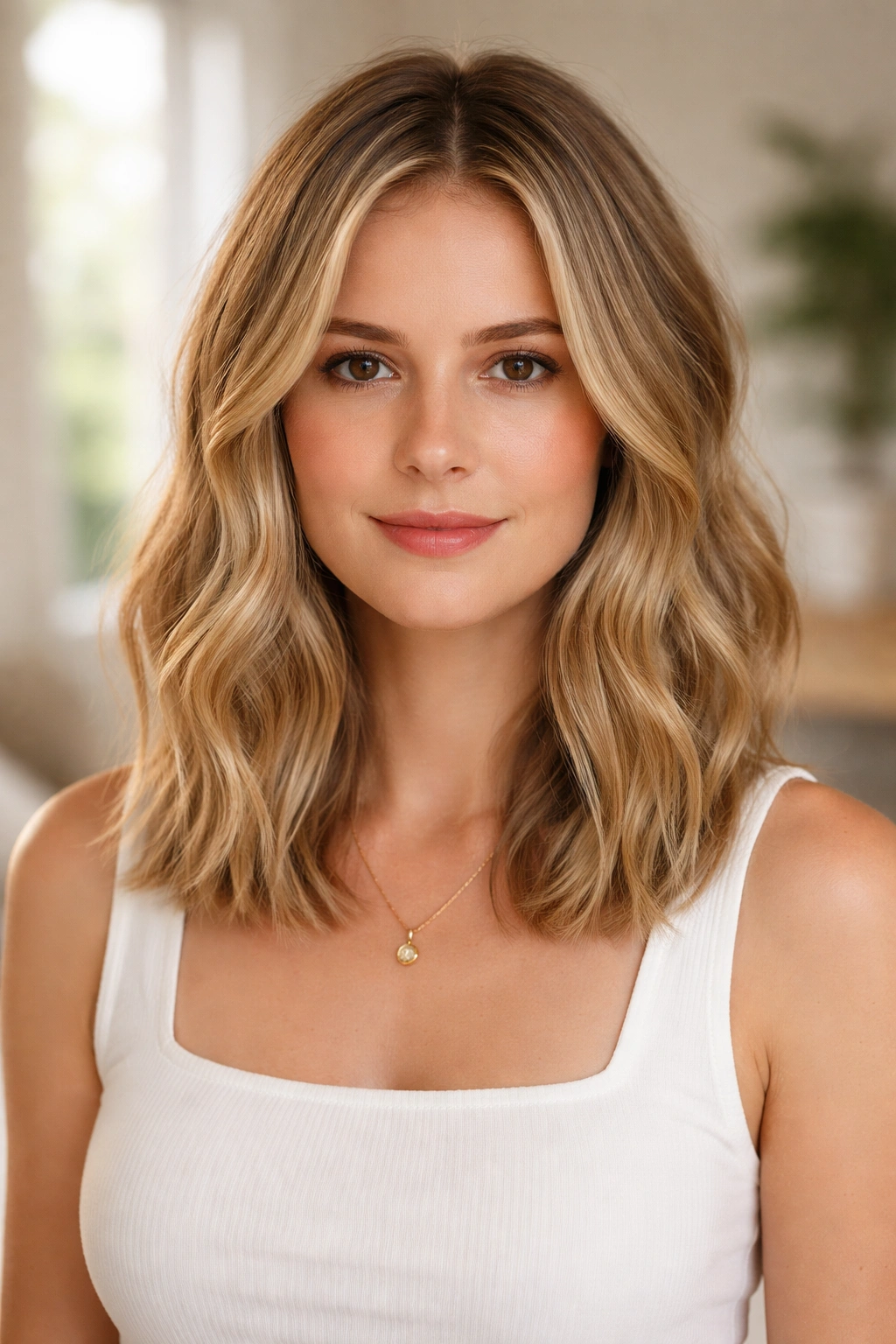 Portrait of a real person with clavicle-length lob showing even hem