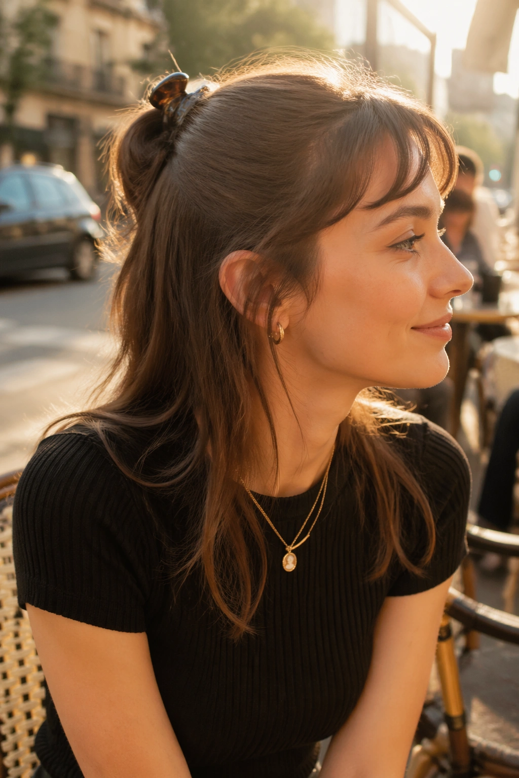 Side-profile mini claw-clip half-up ponytail with baby bangs