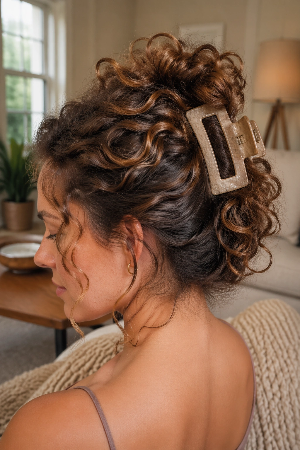Real woman wearing a claw-clip nest for big curls, clip visible at crown