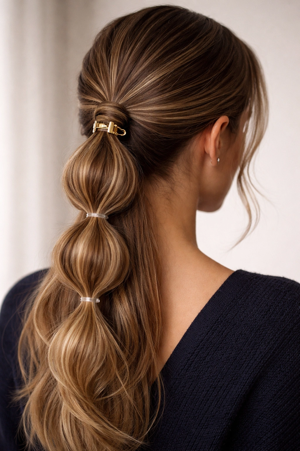 Back view of claw clip accent on low bubble braid ponytail