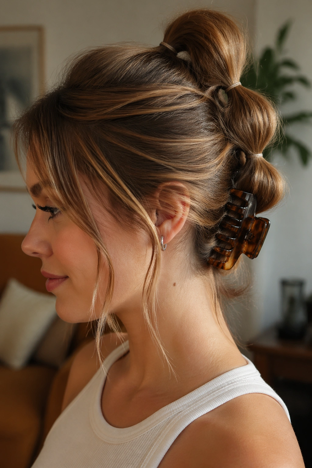 Close-up of a real person with a claw-clip bubble ponytail in a warm-lit room