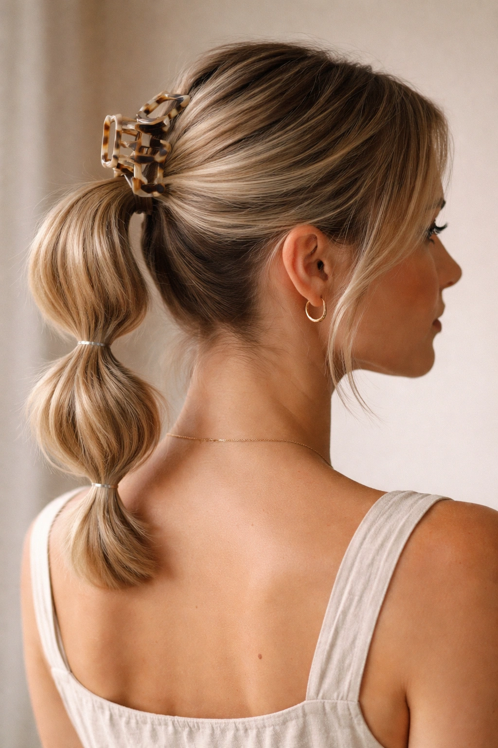 Claw clip at crown with bubble ponytail underneath.