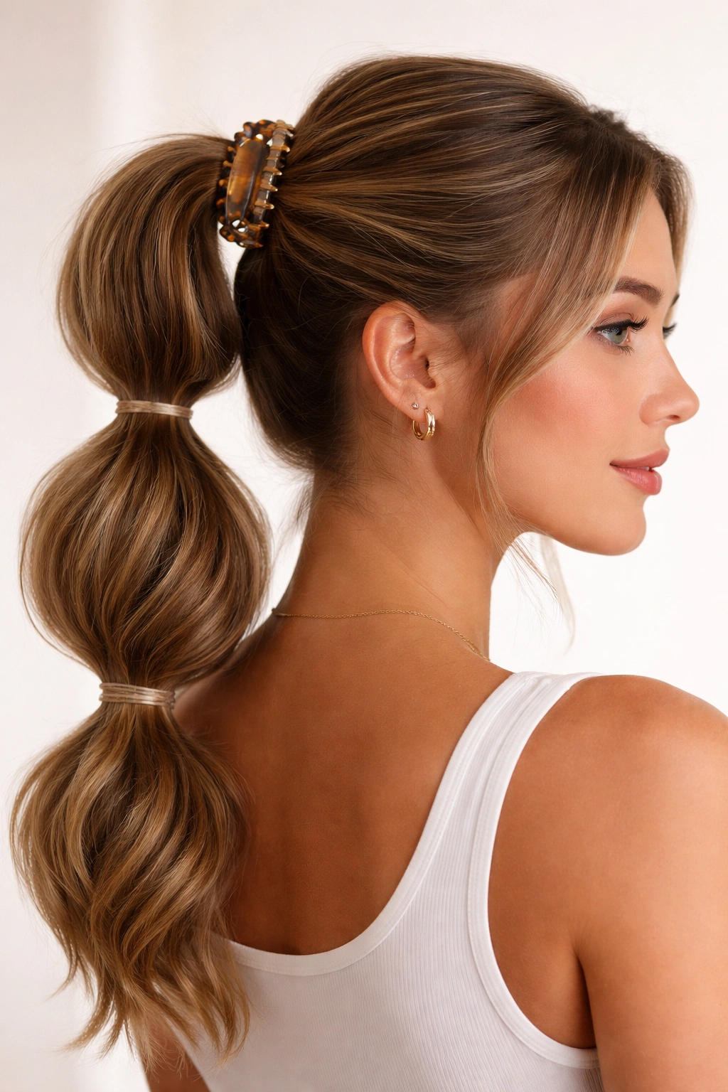 Claw-clip base double bubble ponytail with crown lift on thick hair
