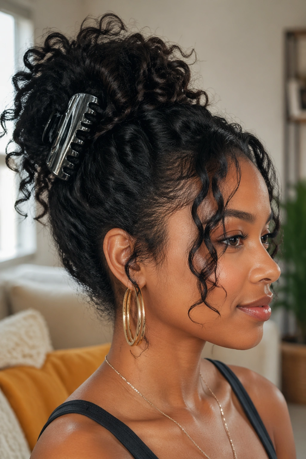 Close-up of a real woman's head showing a claw clip ponytail bun.