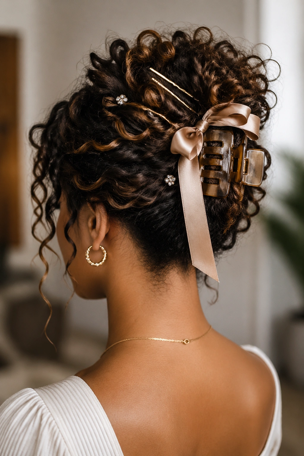 Claw clip bun with metallic pins and ribbon on a real person
