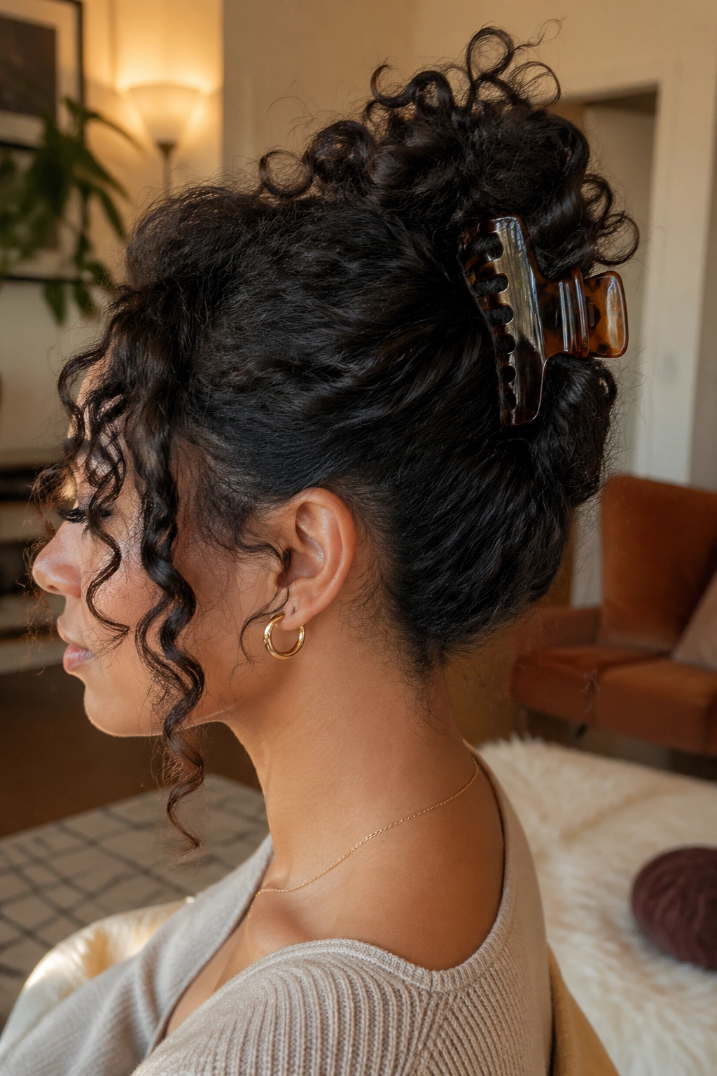 Close-up of a real woman with a loose curly bun secured by a claw clip