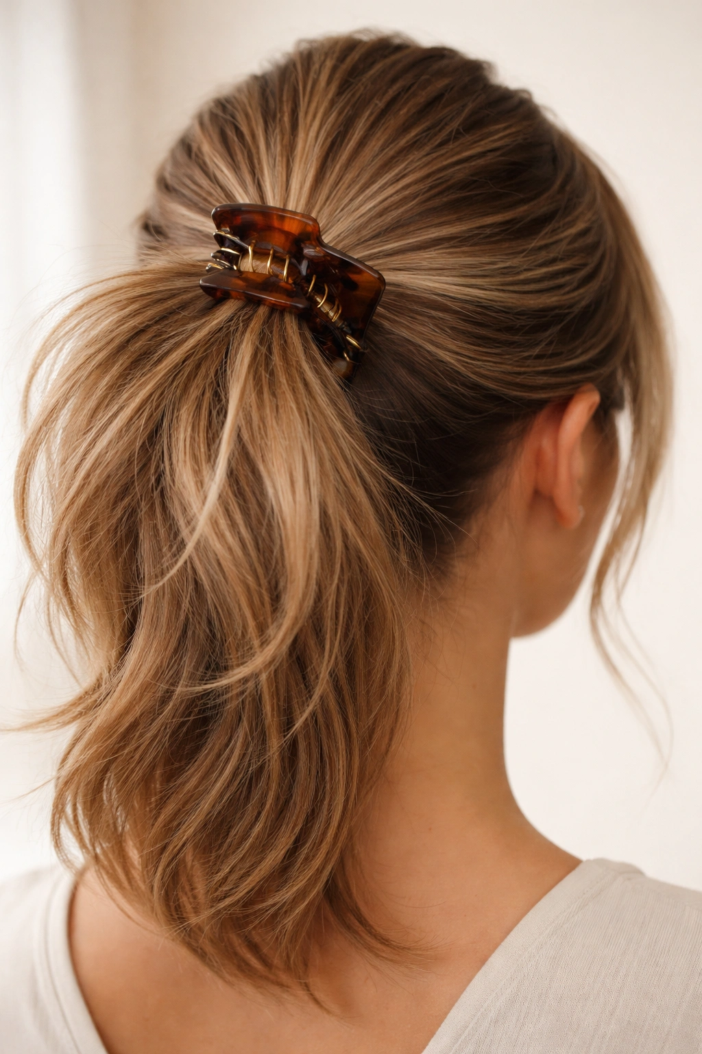 The Claw Clip Hybrid: mid-height ponytail with claw clip and splayed volume
