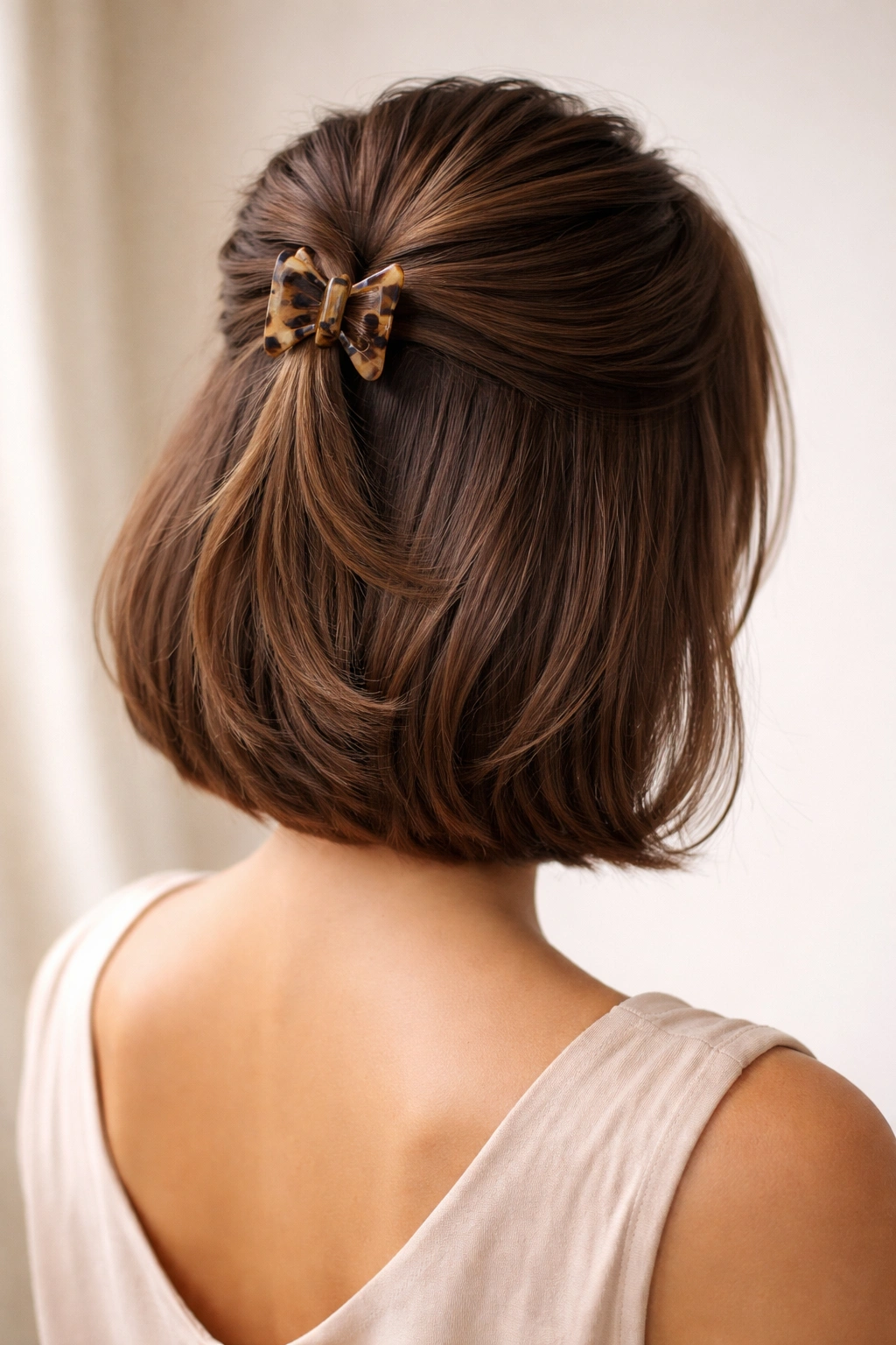 Chin-length bob with a rolled crown secured by a claw clip