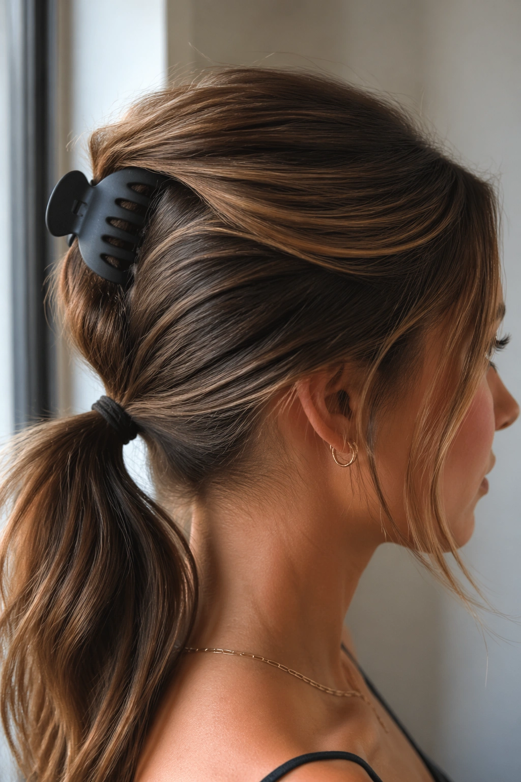 Close-up of a real woman with a matte claw clip lifting the crown into a fuller low ponytail