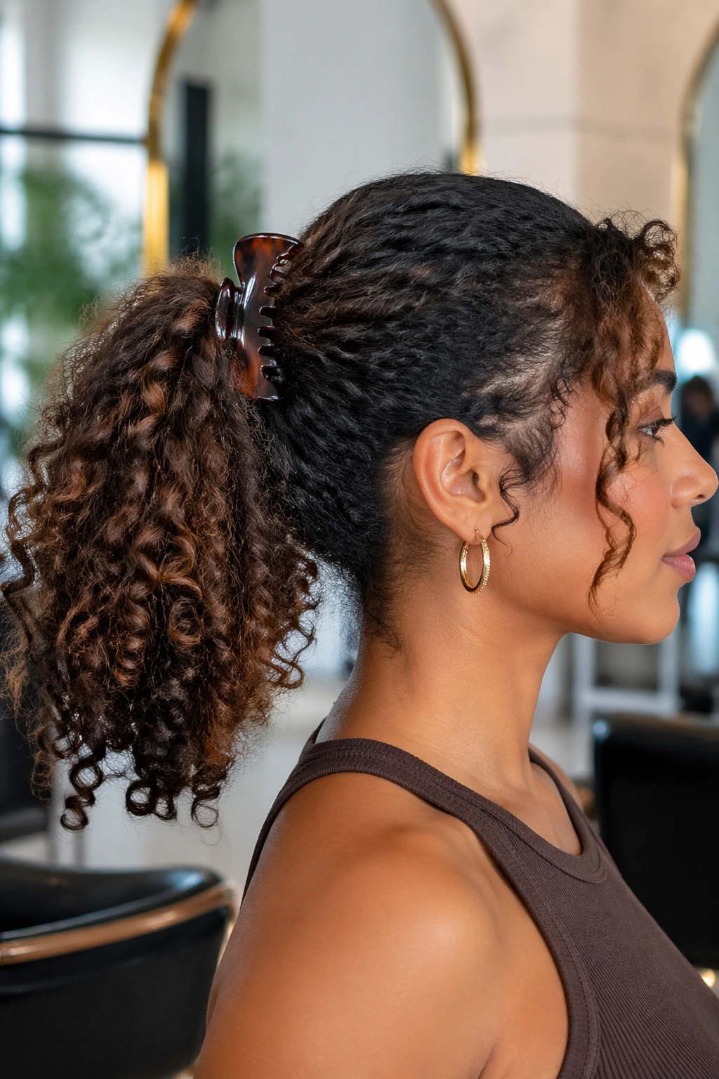 Close-up of real woman with claw-clip faux ponytail and loose curled ends