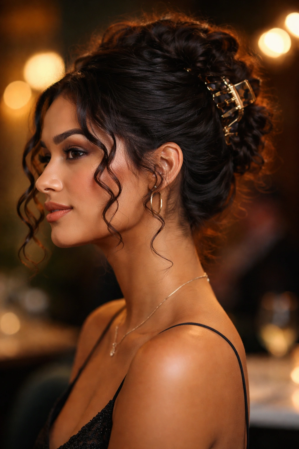 Close-up of claw-clip french twist on a real woman with soft curls