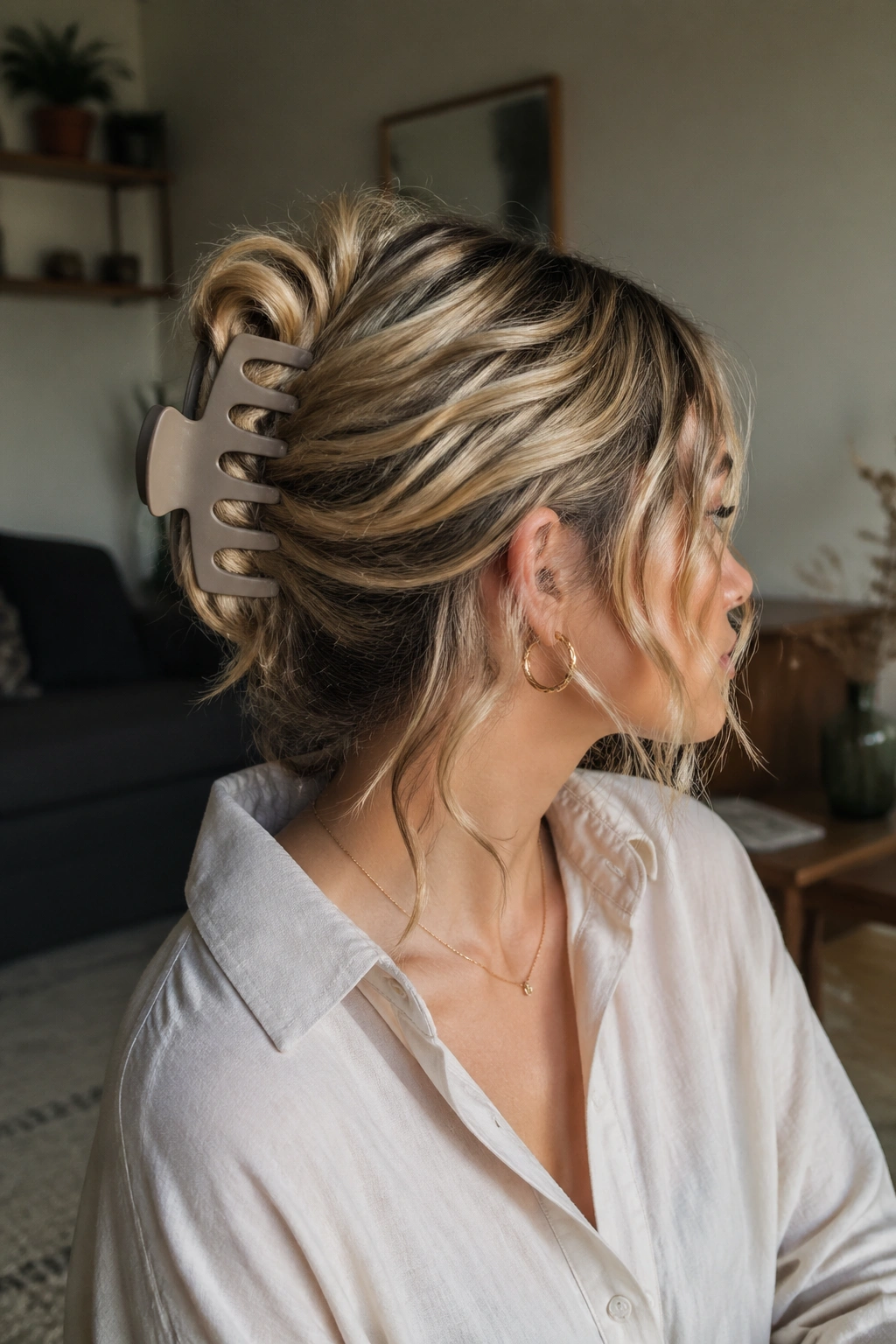 Close-up portrait of a real person with a claw clip French twist in a cozy living room