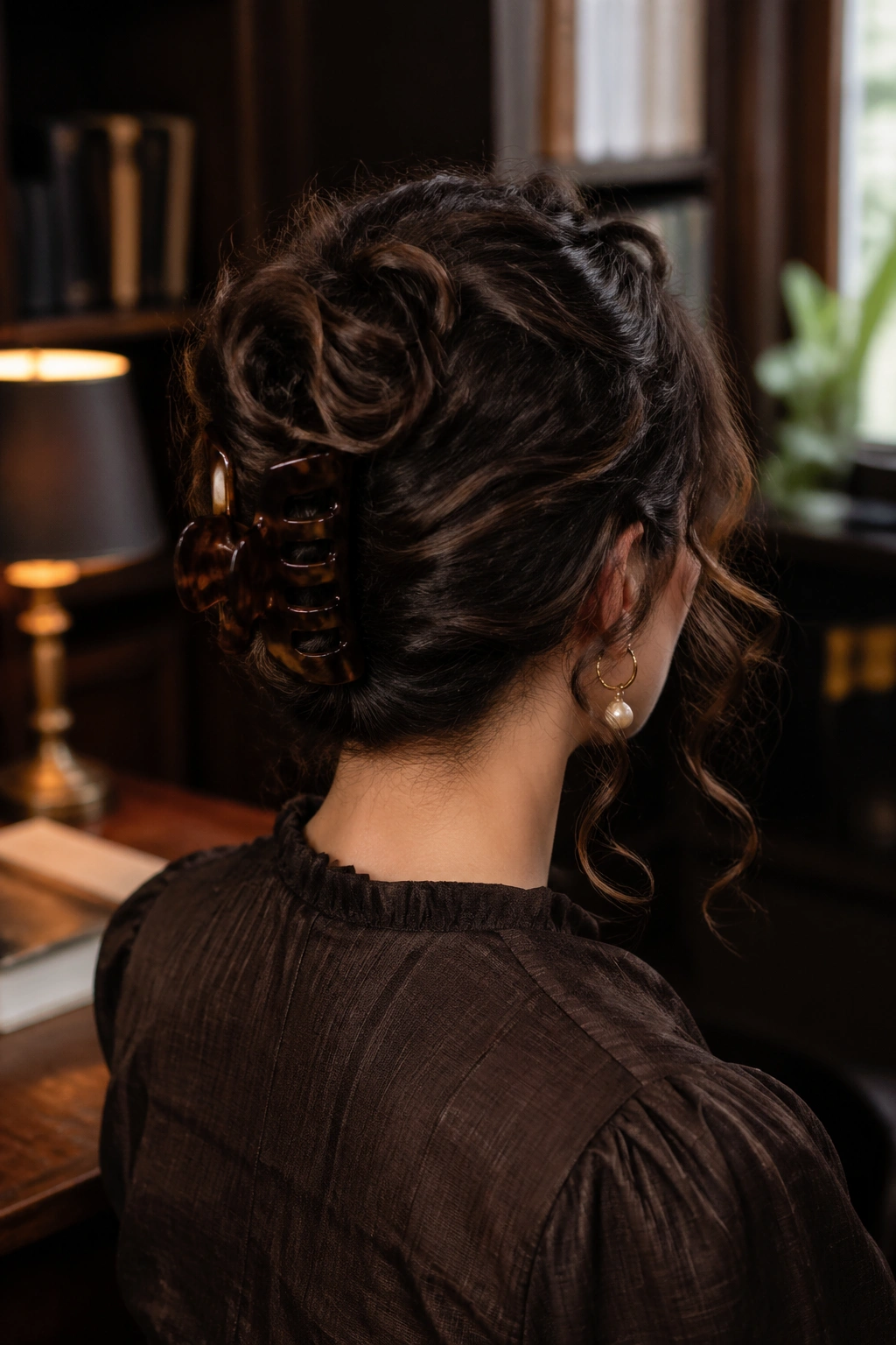 Portrait of woman with French twist secured by claw clip in moody study lighting