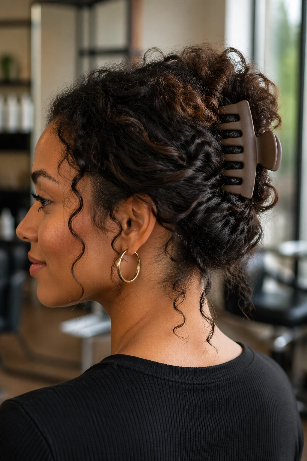 Close-up of a real woman wearing a claw-clip French twist with curls spilling over the clip
