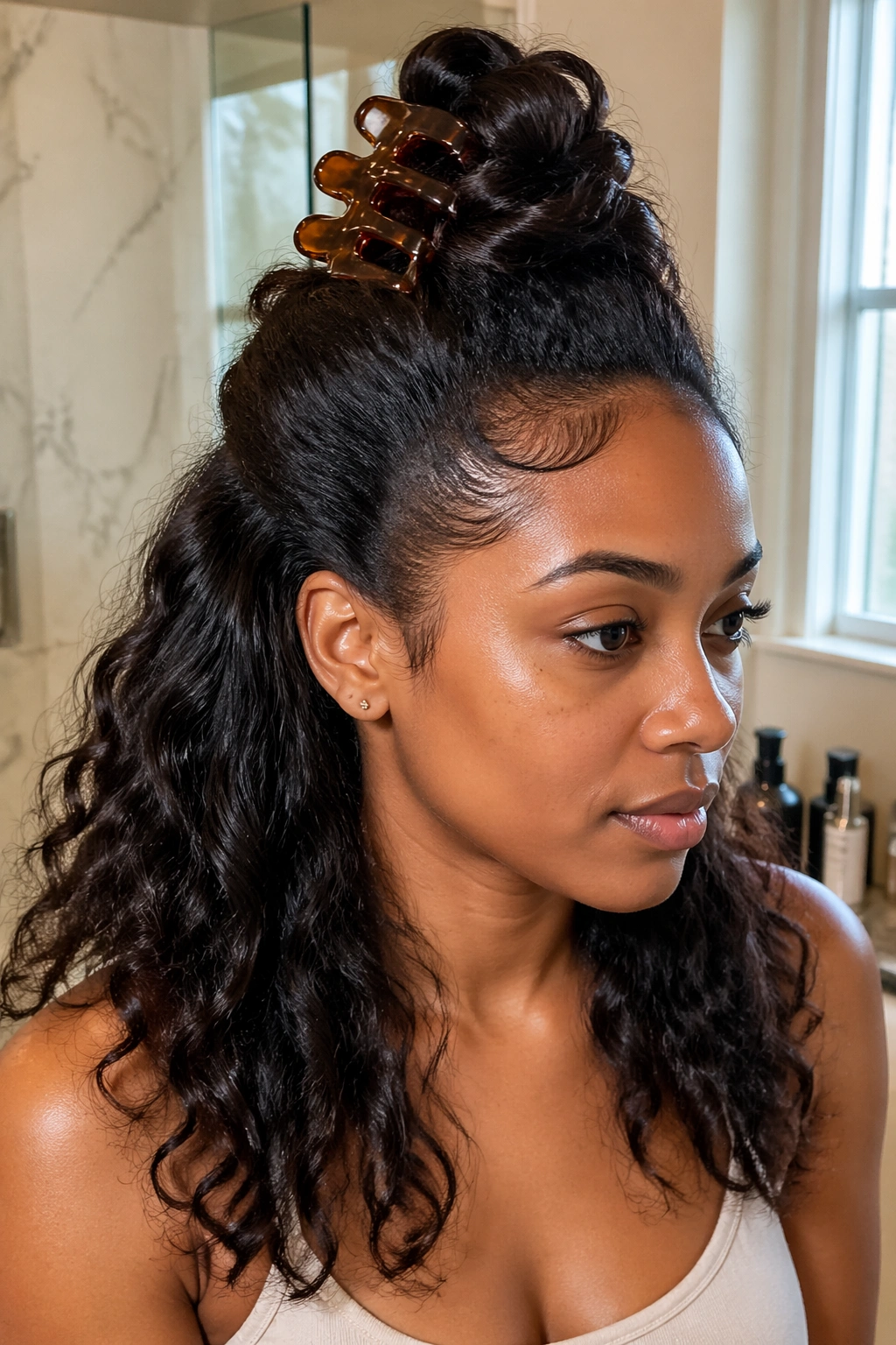 Close-up of a real Black woman with a claw-clip half bun