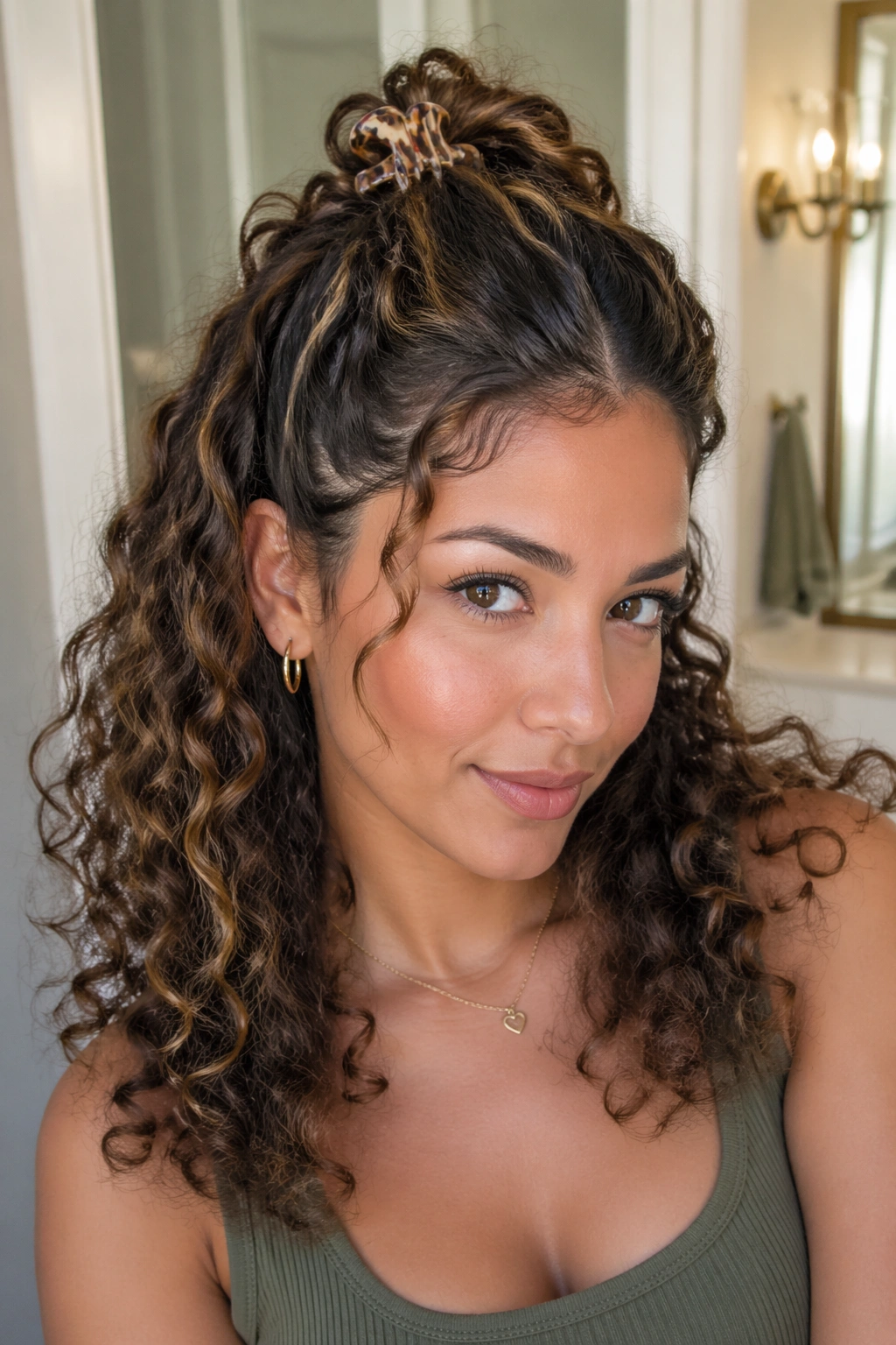 Close-up portrait of a real woman wearing a claw-clip half ponytail, crown secured by a claw clip