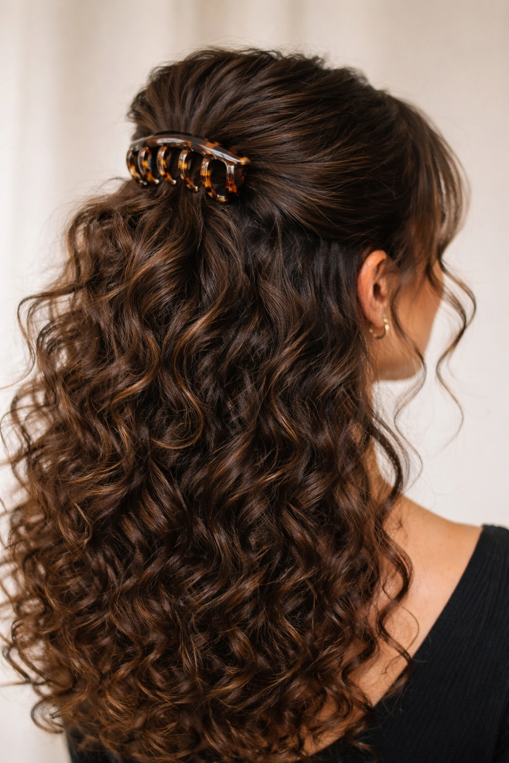 Claw clip half-up with lifted crown and defined curls
