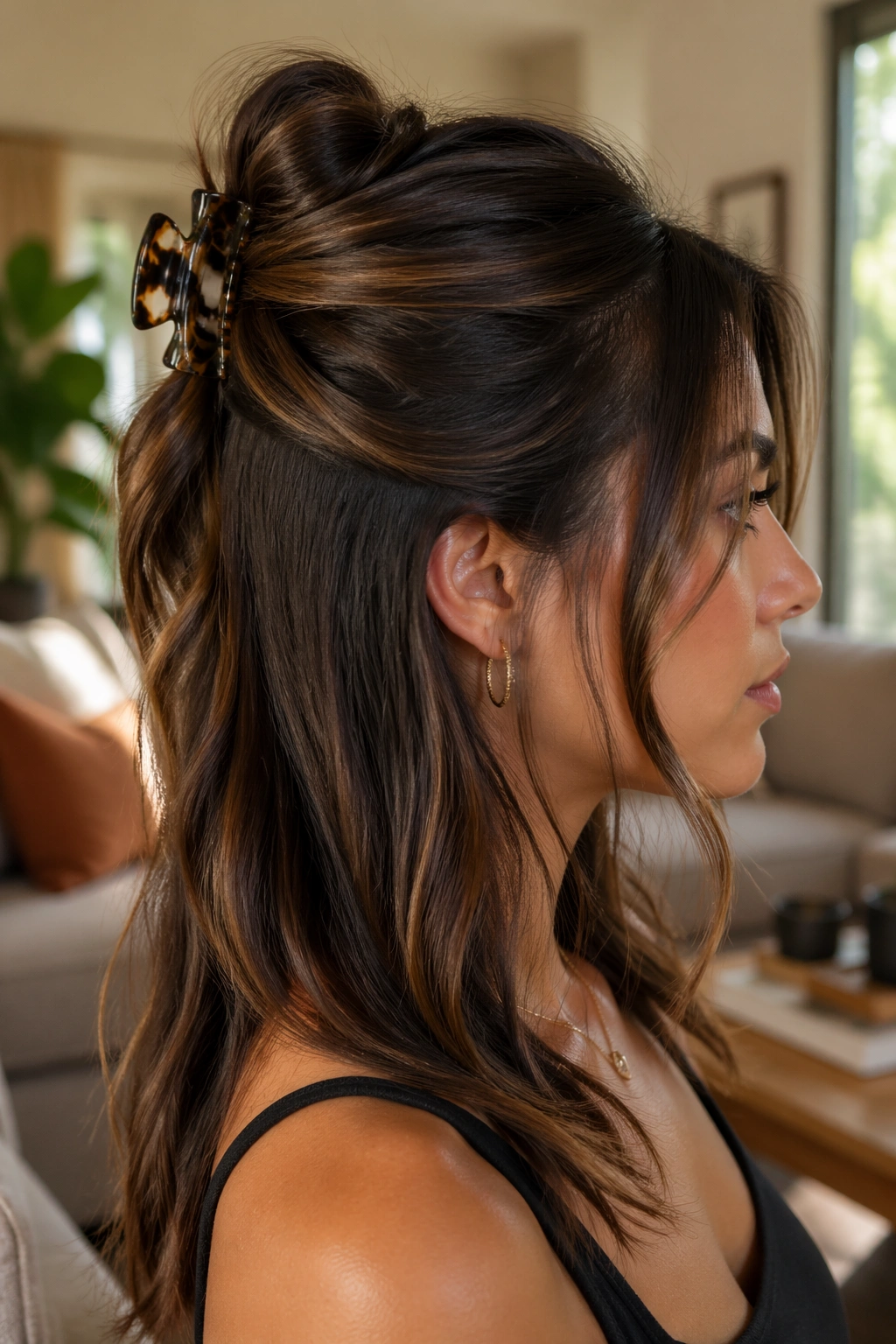 Close-up of a real woman with a claw clip half up bun in natural daylight