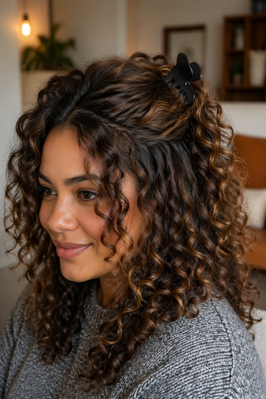 Real woman with a claw clip twist half-up for big curls in a cozy room