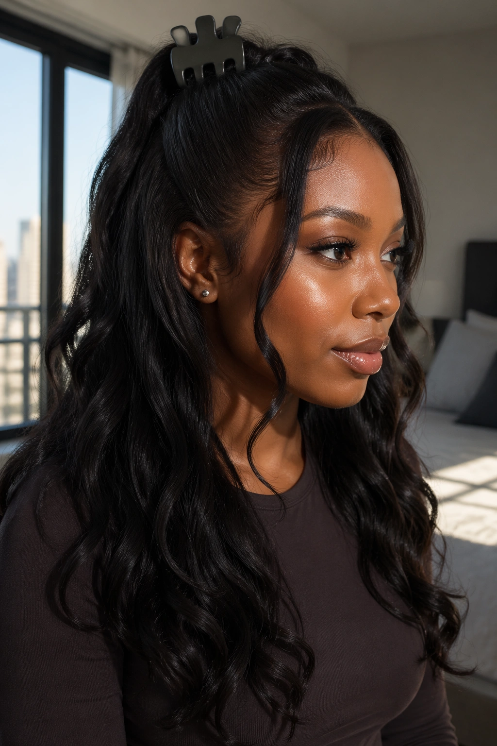Close-up of a woman wearing a large matte claw clip in a half-up half-down weave