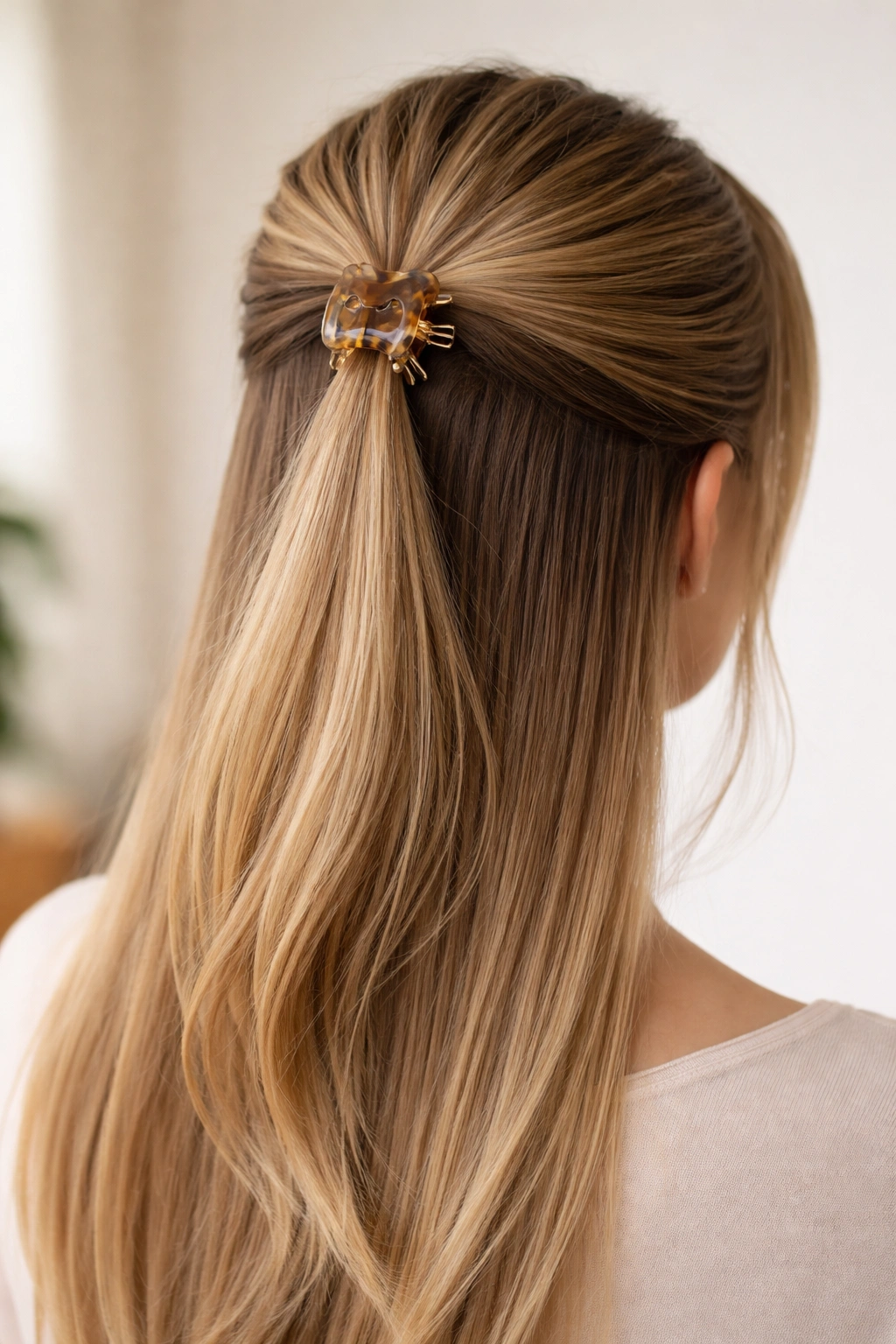 Close-up of straight hair with a claw clip elevating the half-up pony