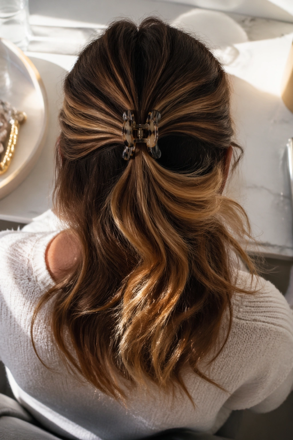 Overhead flat-lay showing Claw Clip Half-Up Ponytail setup.