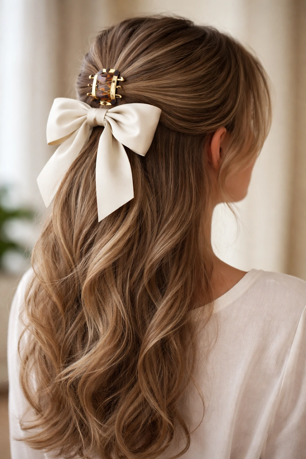 Half up ponytail with a claw clip and a bow.
