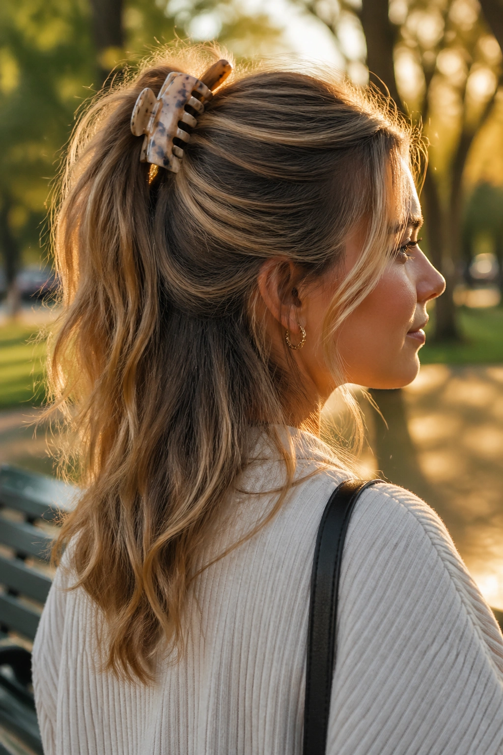 Real woman with claw clip half up ponytail secured high on crown