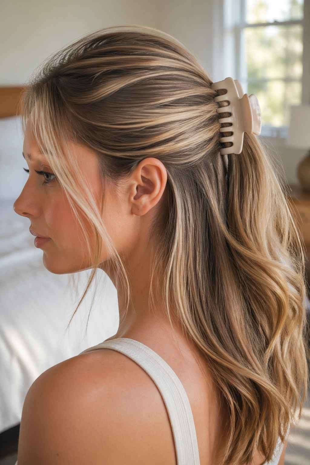 Real person with claw-clip half-up ponytail in sunlit room