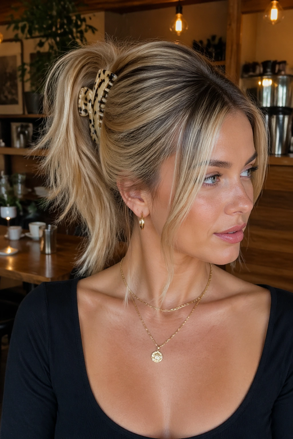Close-up of a real woman with a claw-clip lifted ponytail at a cafe