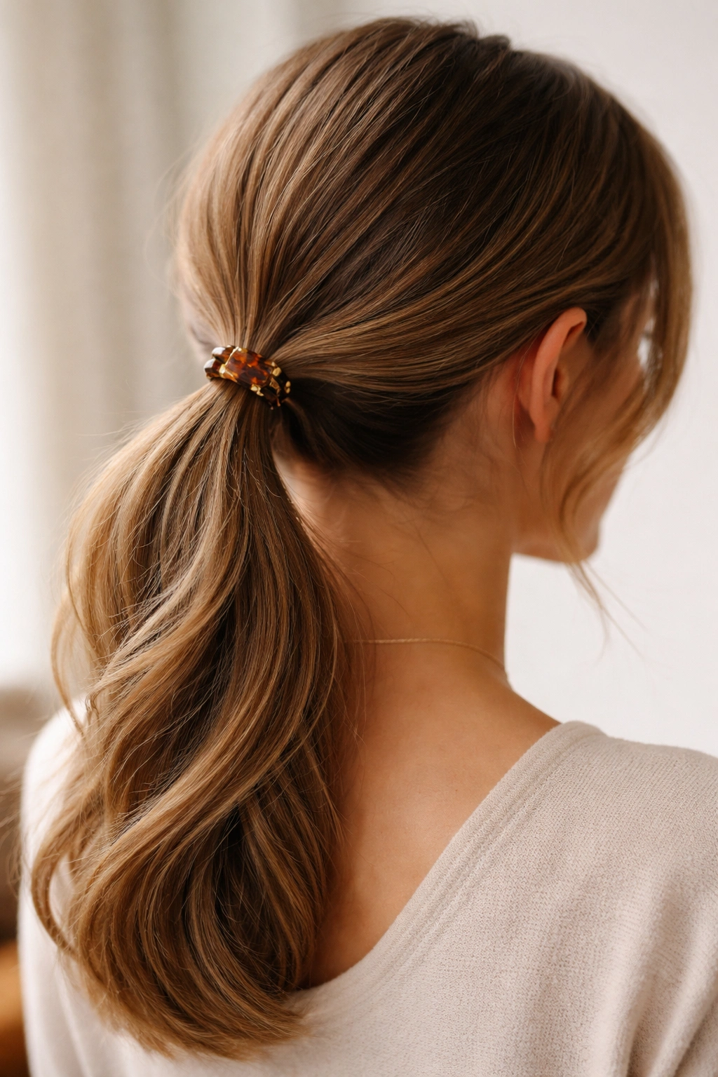 Low ponytail with a small claw clip above the elastic, off-center.