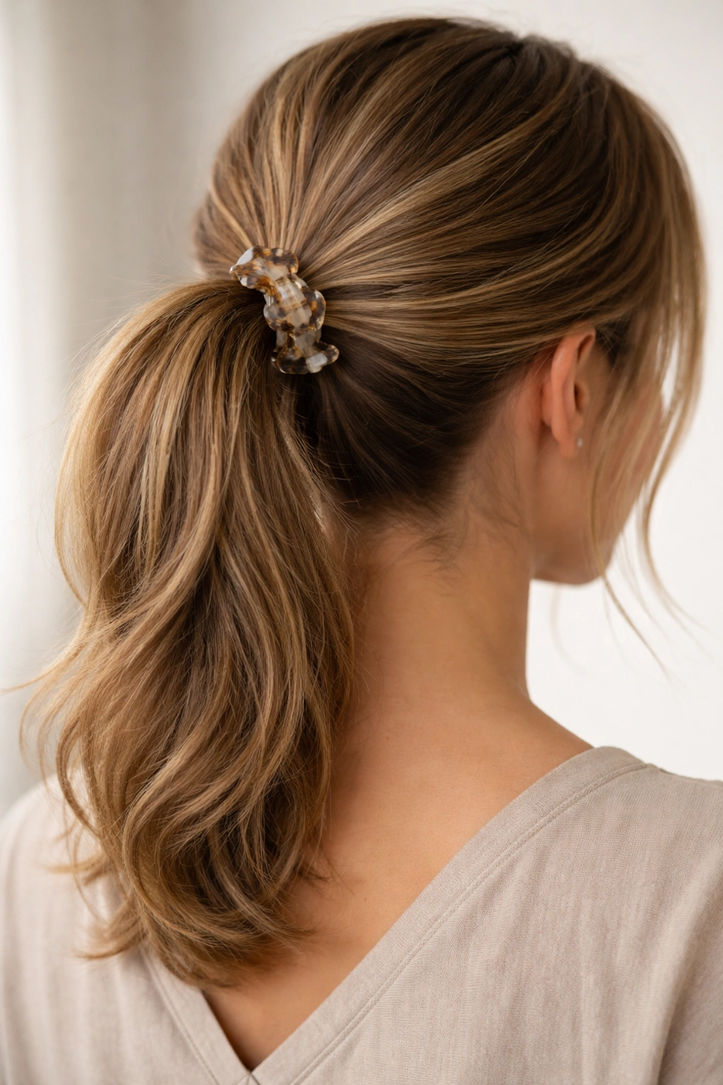 Mid ponytail secured with a claw clip around the base.