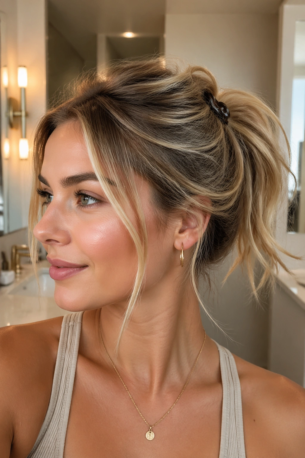 Close-up of a real woman's mid ponytail with a claw clip at the base for lift.