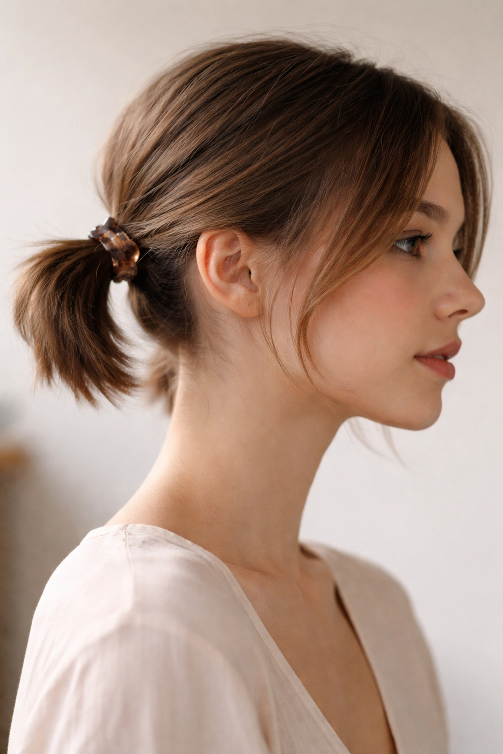 Side view of a short hairstyle with claw clips at the base creating faux-length pigtails
