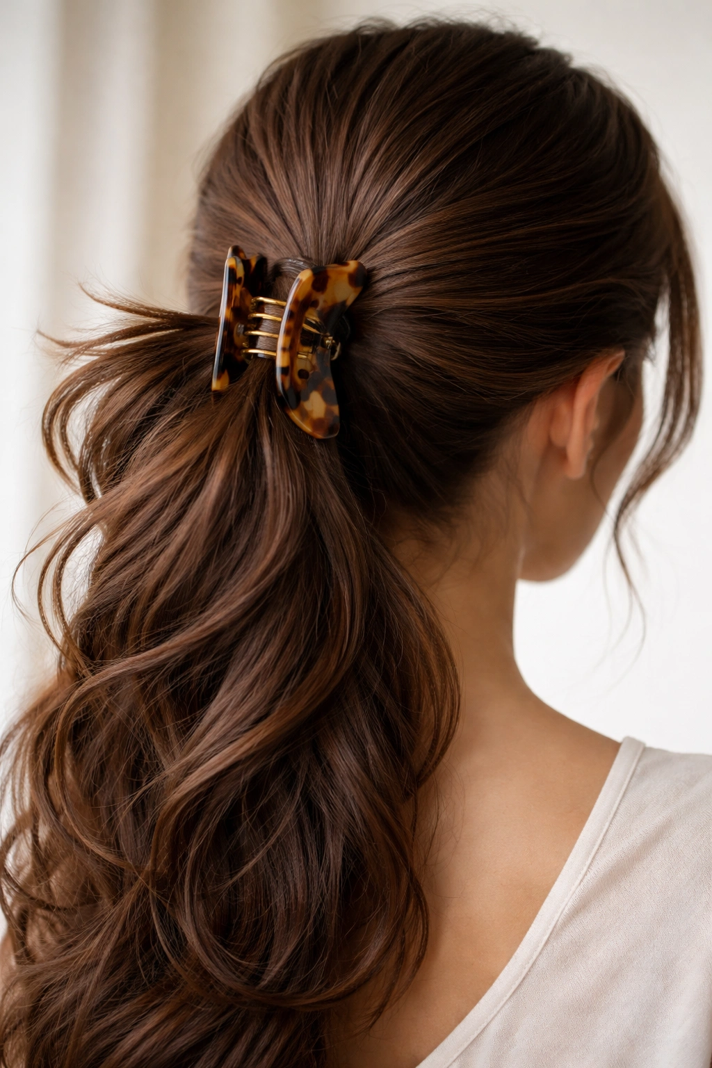Low ponytail secured with a large claw clip, ends cascading up and around