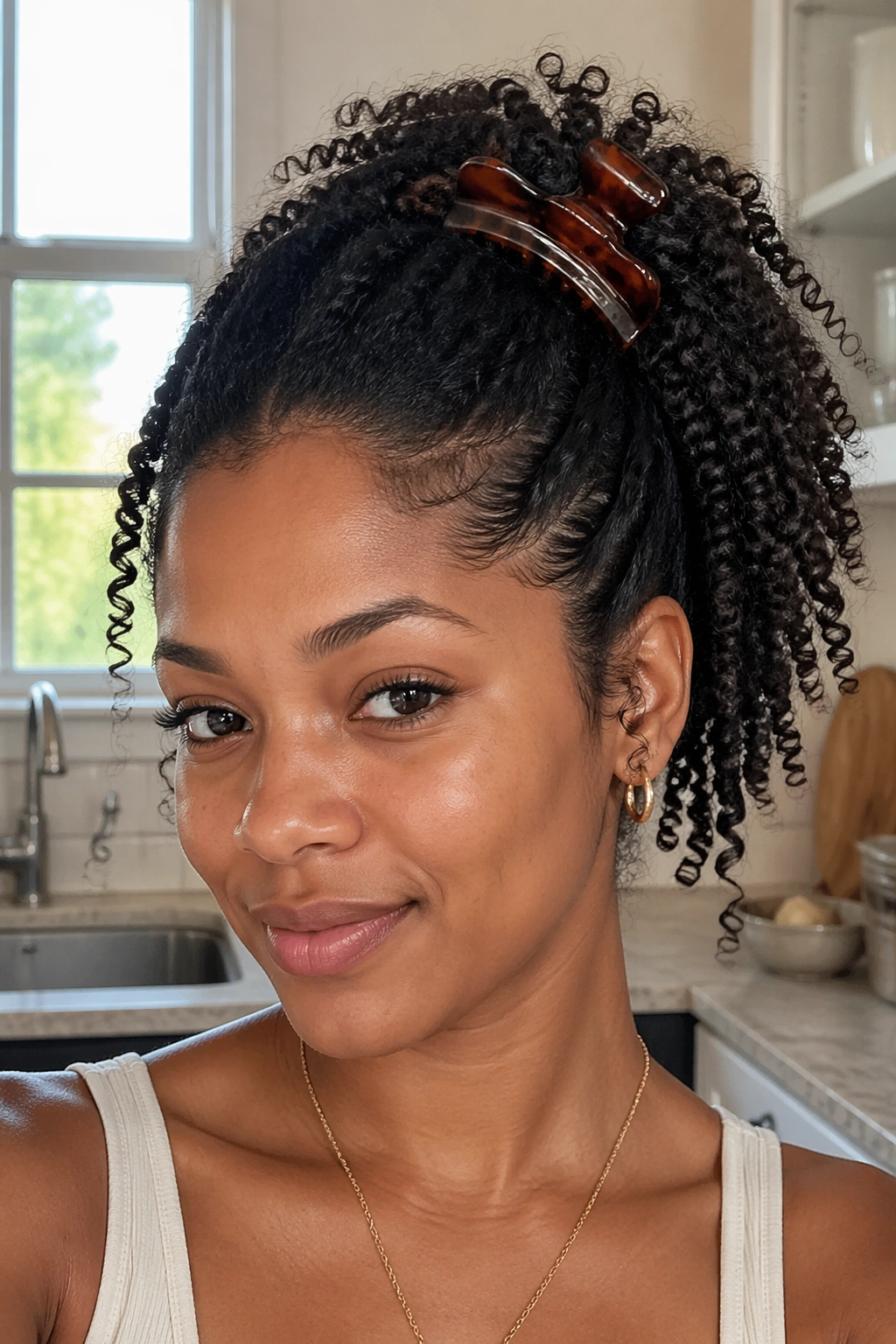 Real woman with mid-to-high ponytail secured by a large claw clip