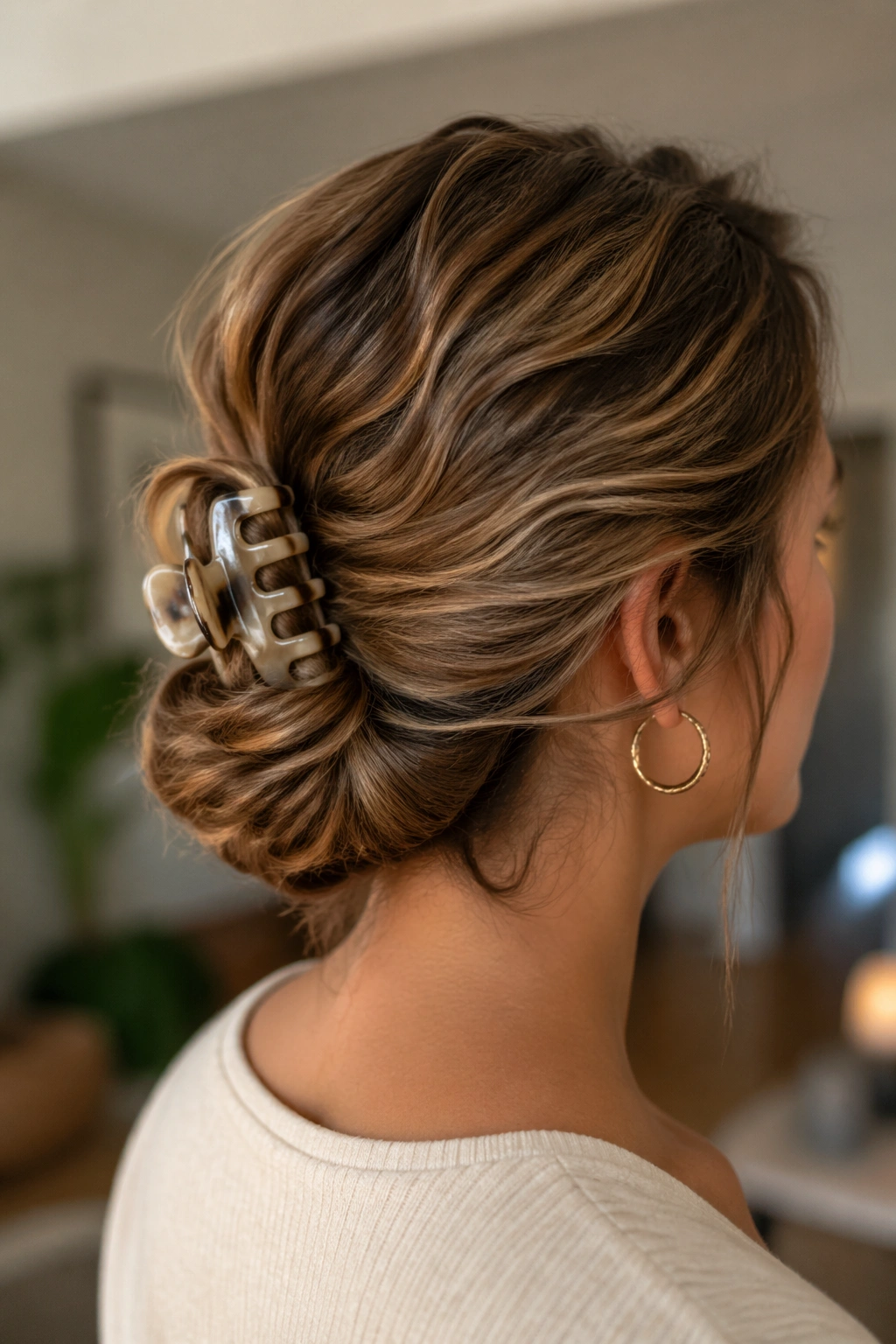 Close-up of a real woman with a claw-clip ponytail hybrid and low gathered hair