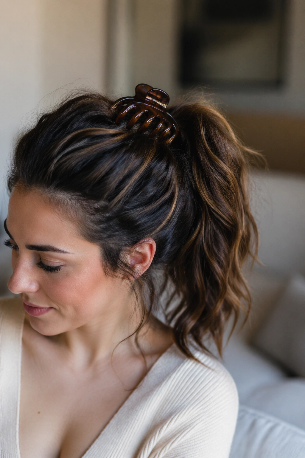 Close-up of a real woman with a thick ponytail secured by a claw clip