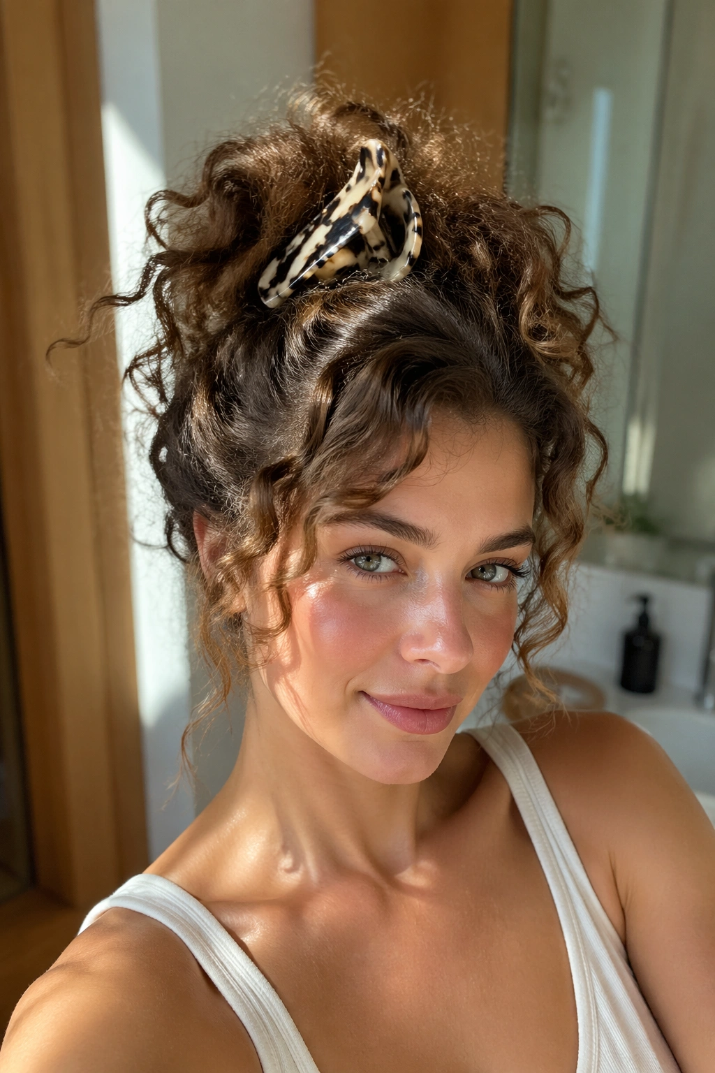 Portrait of a real woman with a claw-clip lift ponytail at the crown