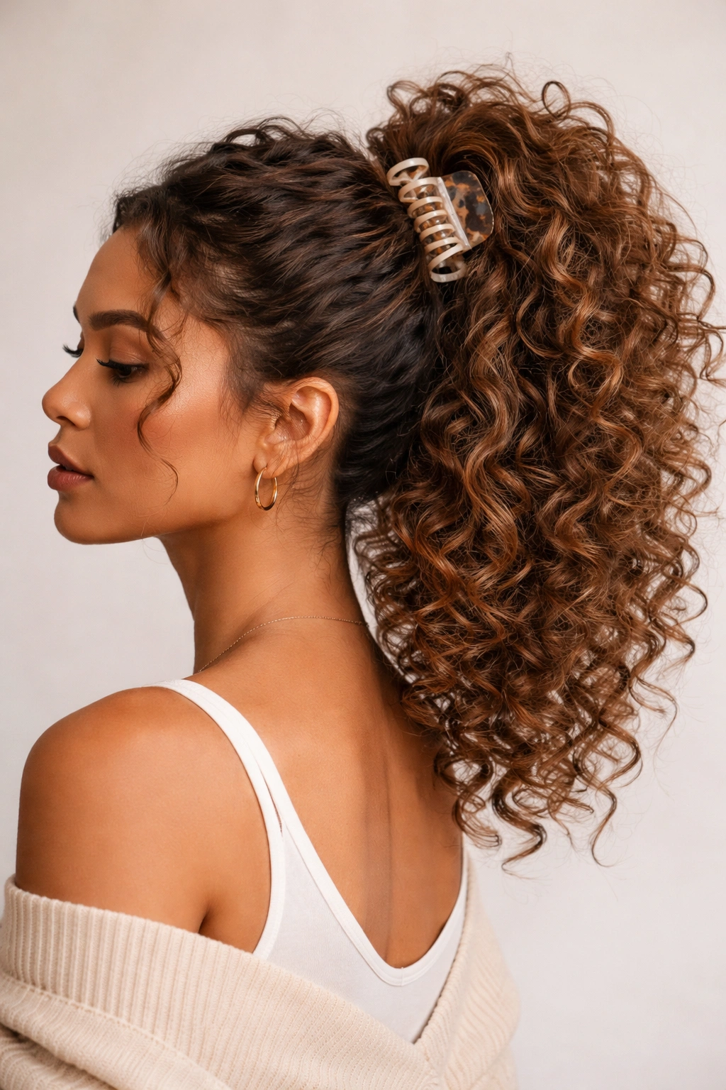 Voluminous curly ponytail held by a large claw clip