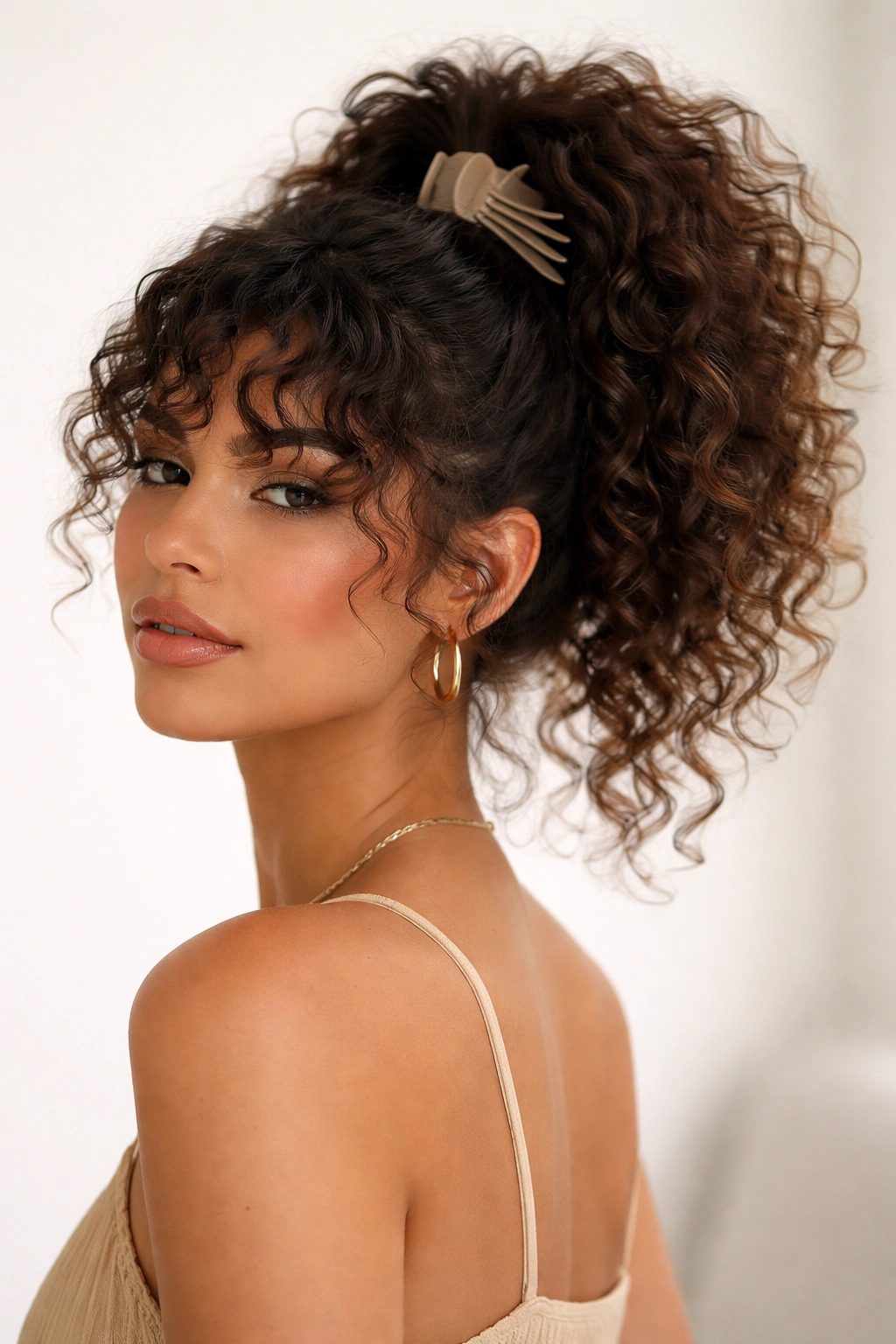 High ponytail with a claw clip and curly bangs, curls cascading over the clip