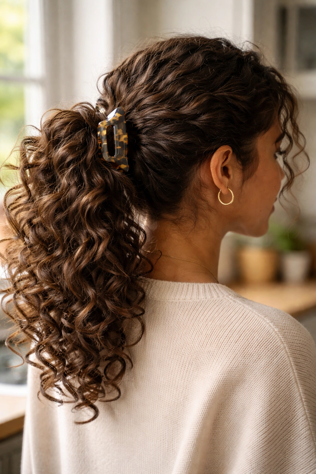 Close-up of a real woman with a claw-clip ponytail hybrid showing the clip at the base
